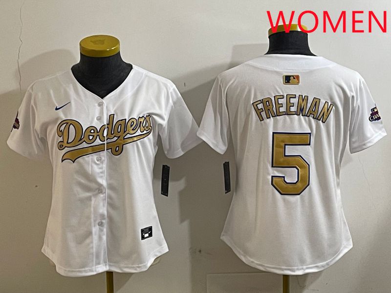 Women Los Angeles Dodgers #5 Freeman White Champion gold character 2025 Nike MLB Jersey style 412